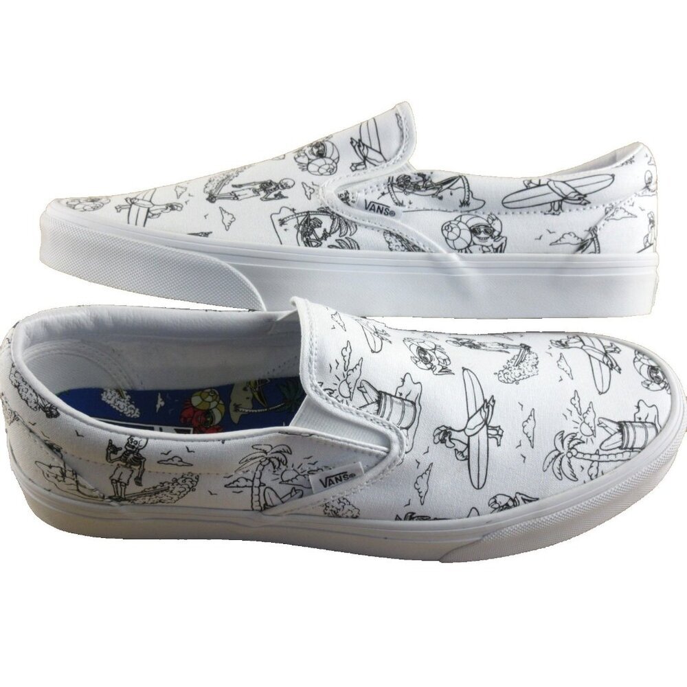 Vans Men's Classic Slip Low Tide Tropical Surf True White Black Shoes Size 11